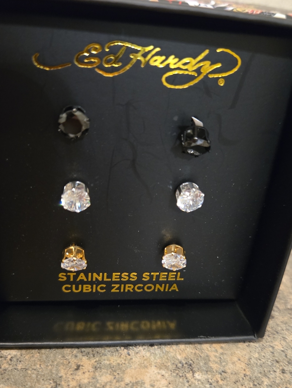 Ed Hardy Women's Stainless Steel Cubic Zirconia Earring Set - Black & Clear Nwt - Picture 2 of 3